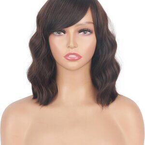 Short Brown Wavy Wigs With Bangs For Women Synthetic Heat Resistant Brown Wigs F